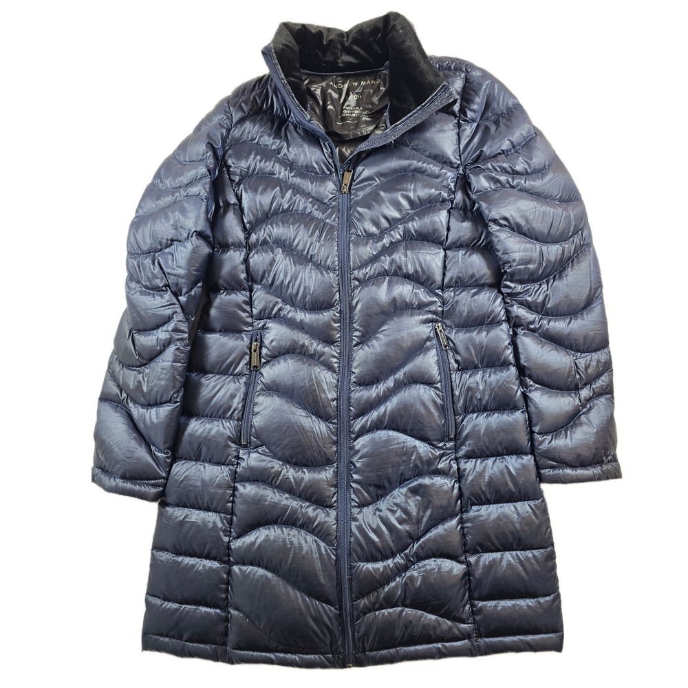 Andrew Marc Down Puffer Coat Womens Small Navy Blue Packable Quilted Long Jacket